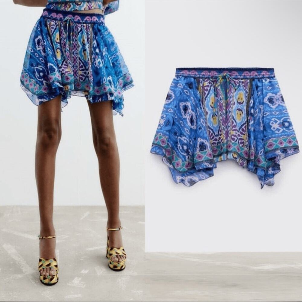 Zara Blue and Pink Aztec Asymmetrical Flowy Hem Mini Skirt
